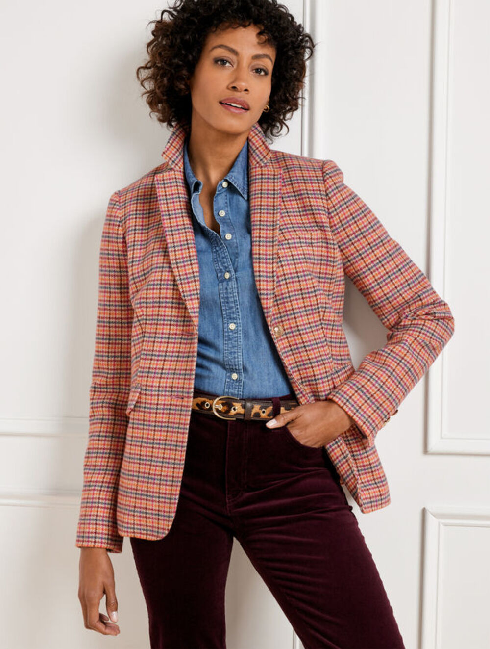 Talbots Plus Classic Shetland Wool Blend Blazer Pink Apple Plaid 16W Collegiate